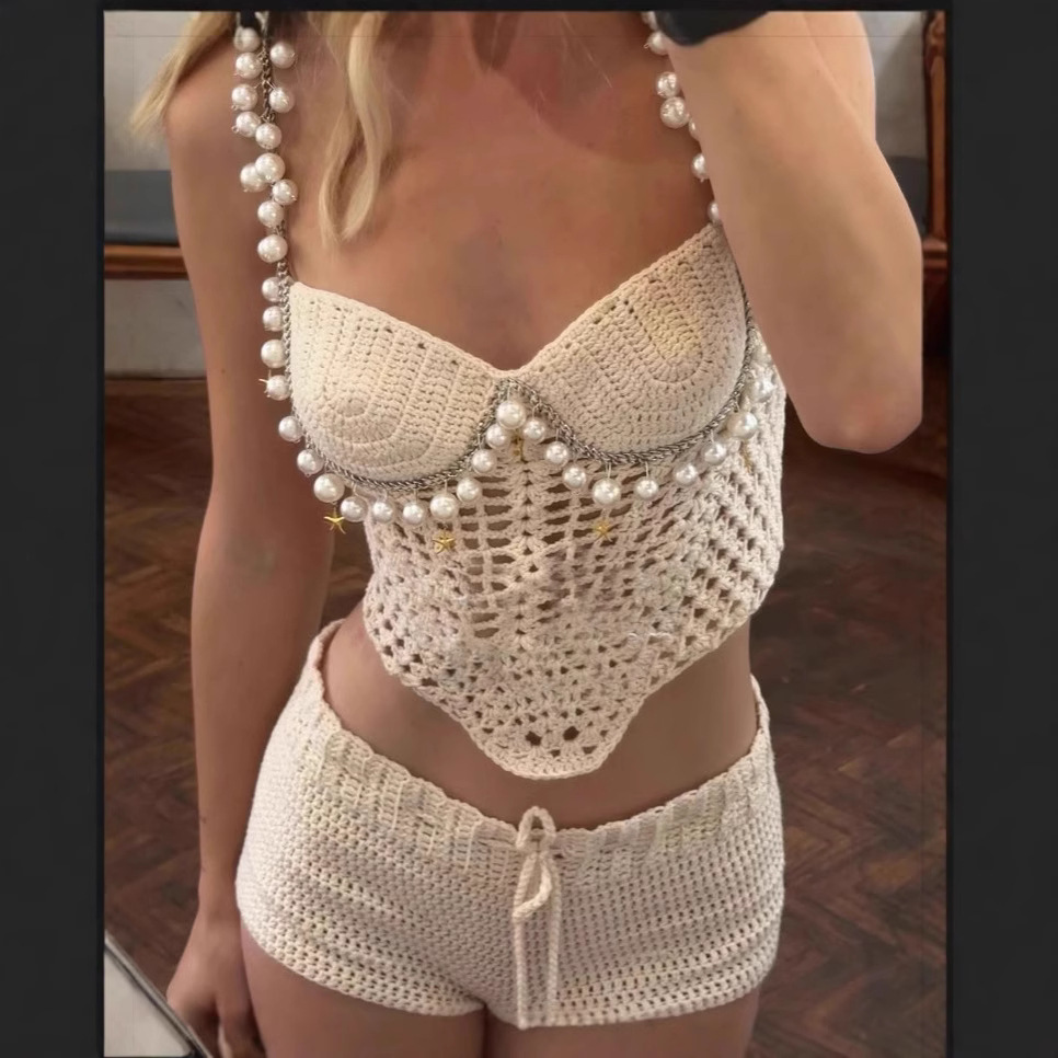 Crop Top Crochet - Conjuntos de chaleco corto de ganchillo
