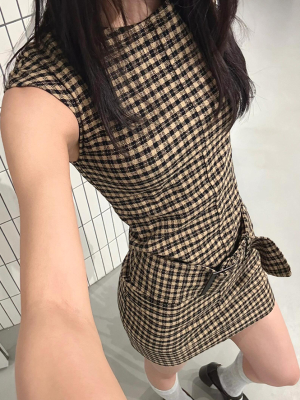 Linen Dress Wrap - Vestido retro coreano a cuadros con