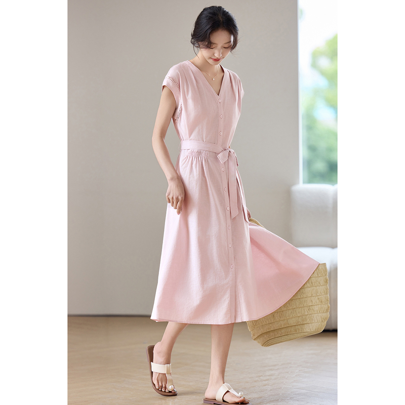 Vestido Midi Rosa para Mujer S - Linen Dress Wrap reseña y precio